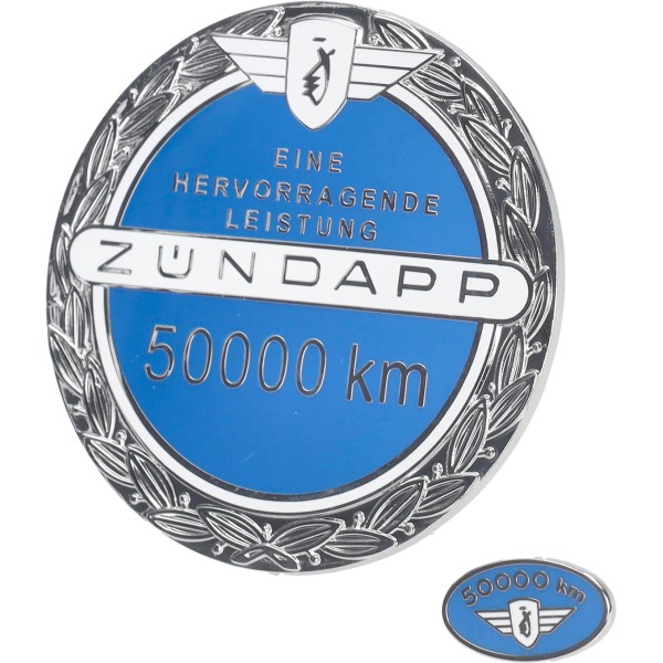 sticker logo 50.000 km jubileum incl. speldje blauw zundapp